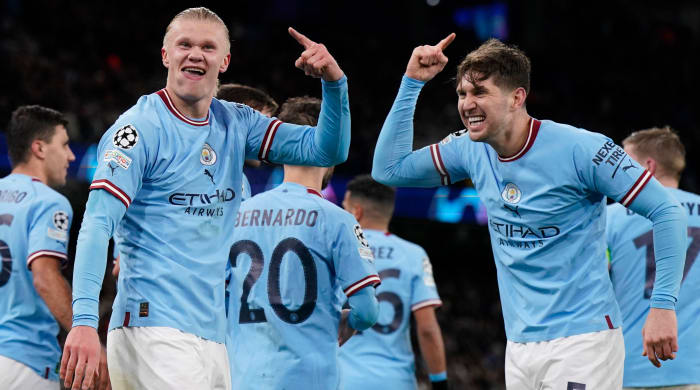 Erling Haaland celebrates a Champions League goal.